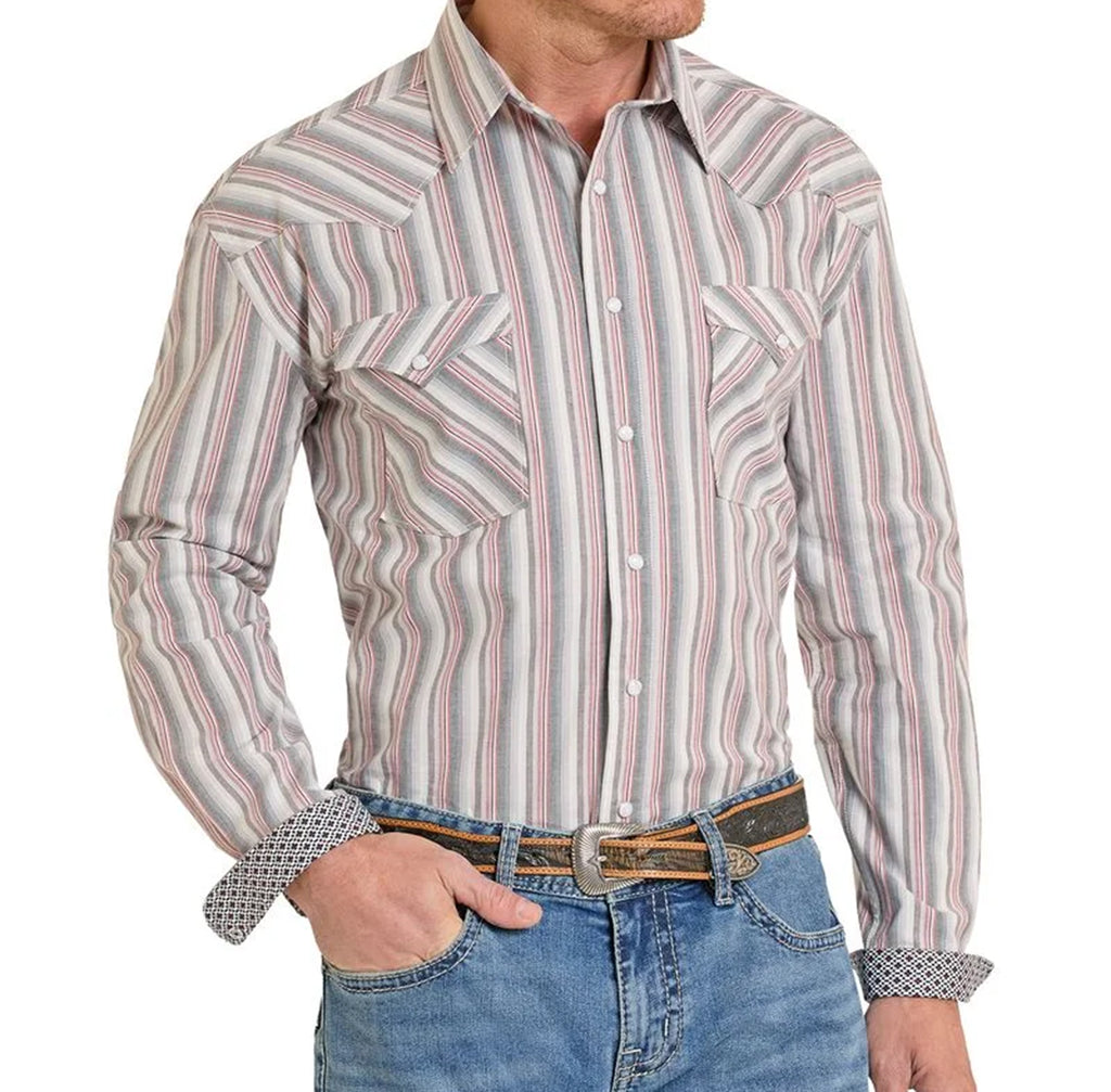 Faded red and white pearl snap long sleeve shirt with two chest pockets and contrast cuffs. 