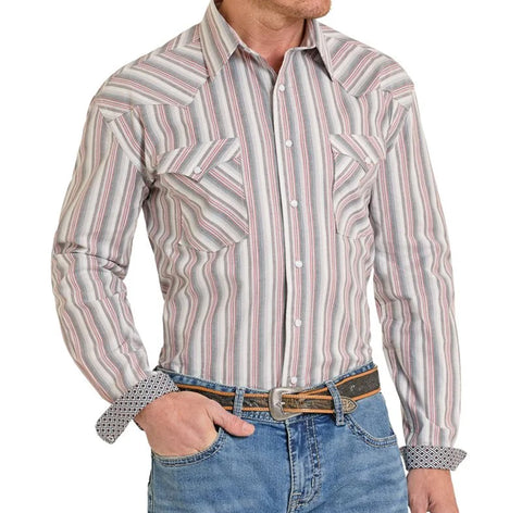 Faded red and white pearl snap long sleeve shirt with two chest pockets and contrast cuffs. 
