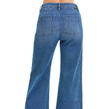 Back view of jeans, sewed folded over designs above the pockets and no detailing on the pockets.