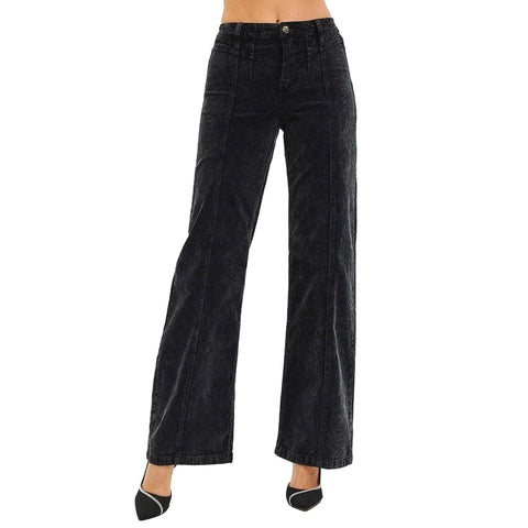 Women's midnight black corduroy high rise pants with zip fly