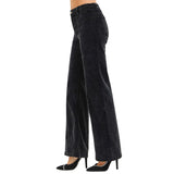 Women's midnight black corduroy high rise pants with zip fly side view