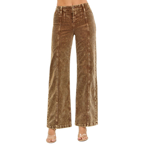Risen High Rise Wide Front Yoke Corduroy Pants in Mocha