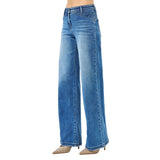 Side view of a model in high rise wide leg waist detail jeans, highlighting the draped wide leg, smooth high‑rise fit, and flattering waist construction.
