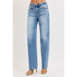 Model wearing High Rise Wide Baggy Jeans showing the front fit, high waist, and relaxed wide leg.