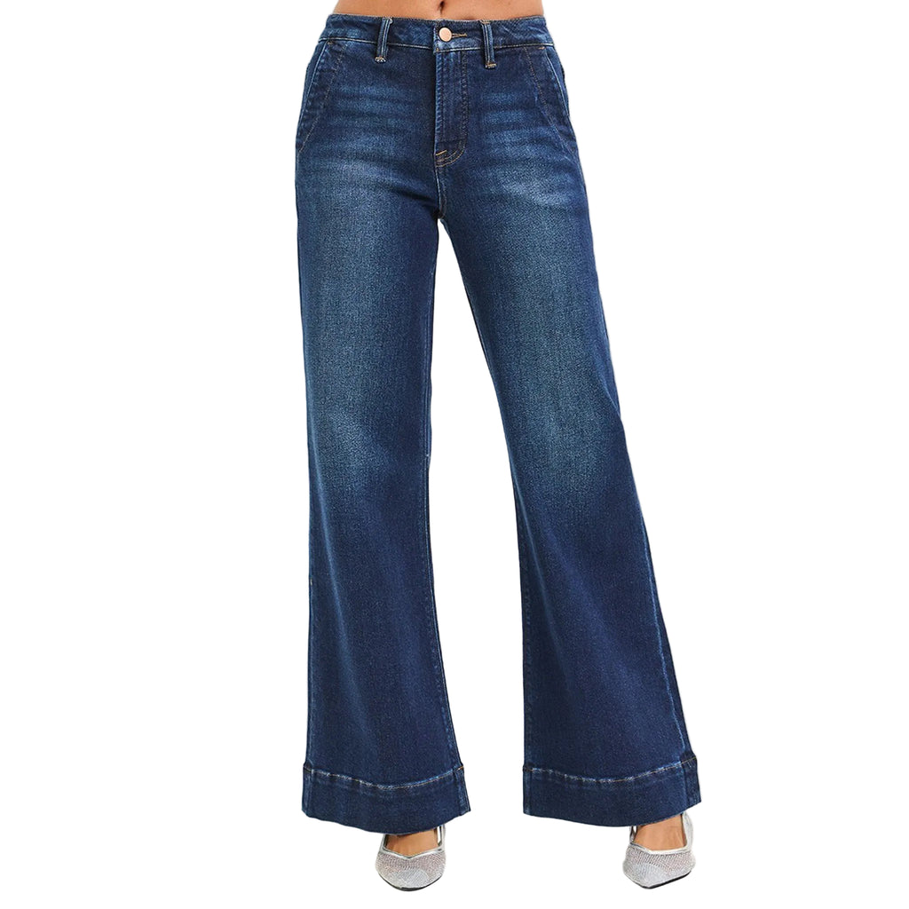 Full front side view of the High Rise Wide Leg Flare Jeans 