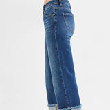 Side view of the jeans, jeans are wide leg