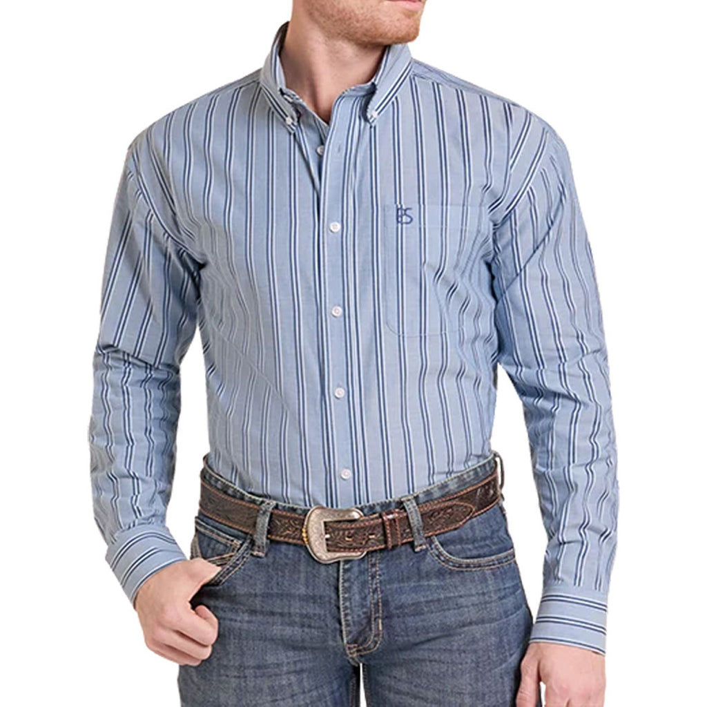 Panhandle Slim Men's Blue Stripe Printed Long Sleeve- Front