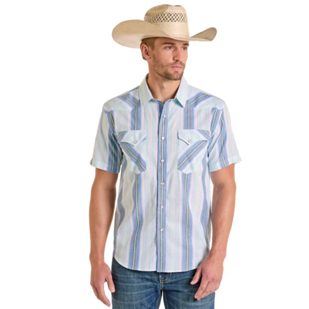 Short sleeve, men's shirt, pearl snaps, sky blue modern stripe