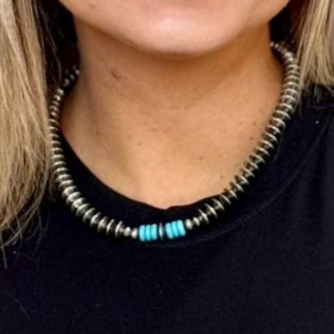 16" Silver Disc Bead Necklace with Turquoise Accent