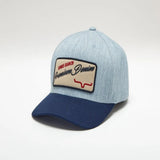 Kimes Ranch Premium Denim Hat with a structured crown, curved bill, adjustable snapback closure, denim construction, and embroidered logo patch.