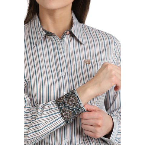 Cinch White Multi Stripe Long Sleeve Shirt