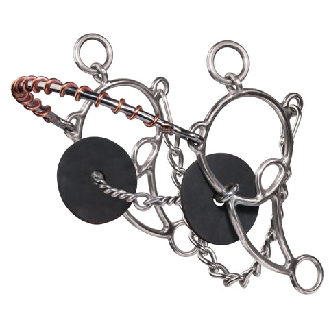 A silver-colored brass horse bridle bit with a twisted rope design.