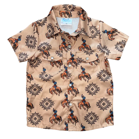 Front side view of flat lay tan western Aztec and bronc boy's pearl snap shirt. 