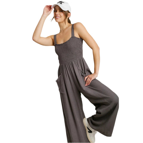Ash Linen Blend Sleeveless Smocked Front Detail Jumpsuit with Side Pockets & No Lining