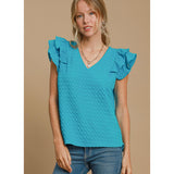 Azure Textured Jacquard V-Neck Ruffled Short Sleeve Top