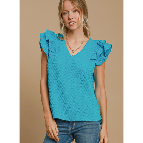 Azure Textured Jacquard V-Neck Ruffled Short Sleeve Top