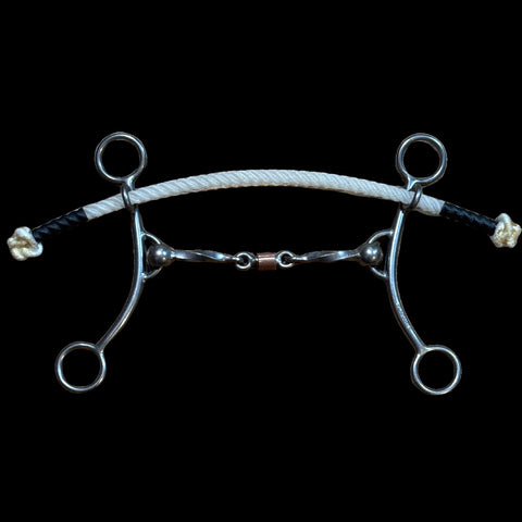 Regular betty shank with rope noseband and 3 piece square twist mouthpiece.
