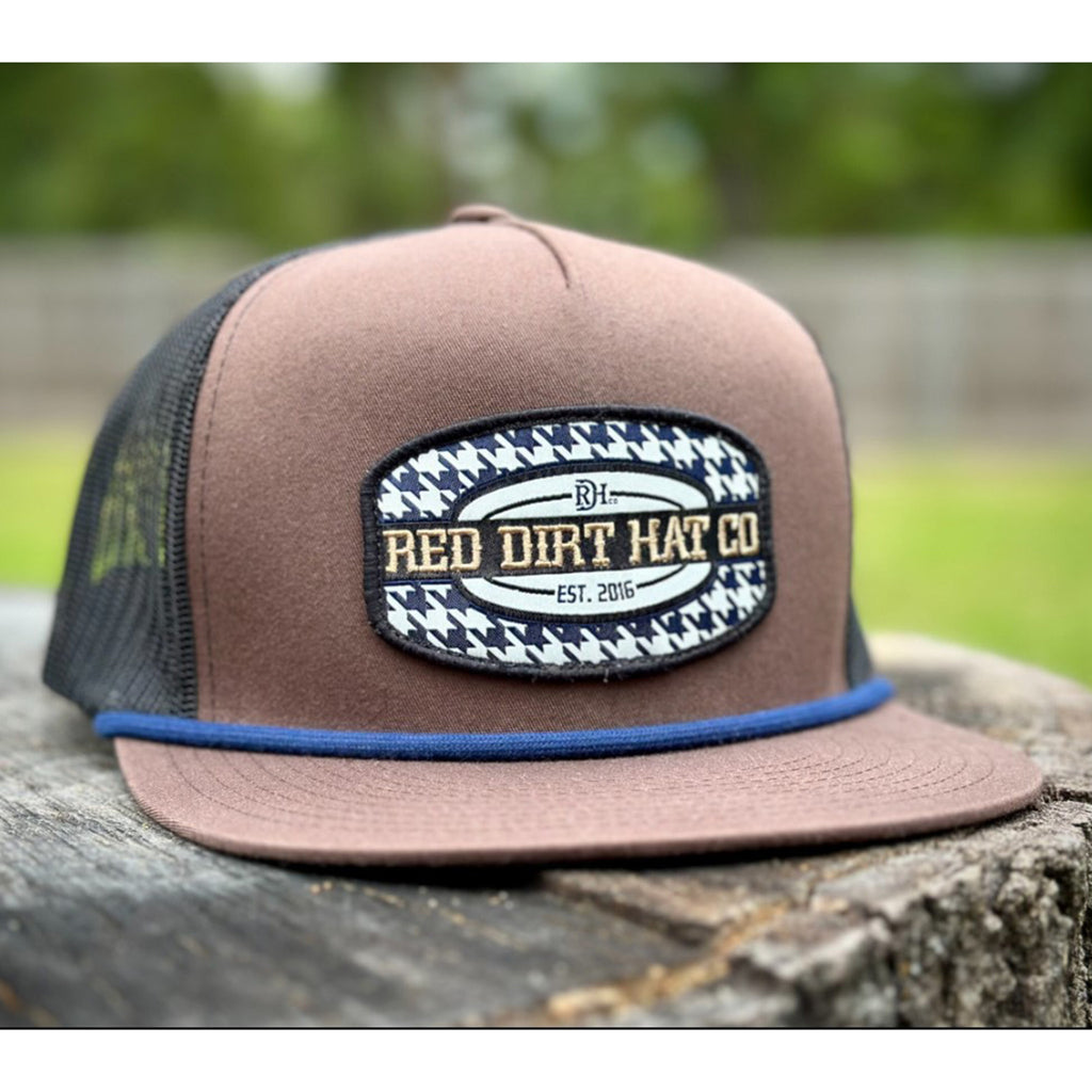 Brown/ Black 5 panel style snapback cap Featuring the “Hound” patch with Blue Rope