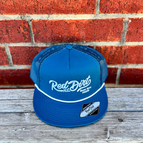 Blue 5 panel cap with white rope and red dirt logo.