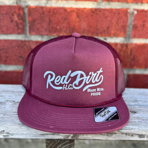 Maroon cap with white red dirt logo.