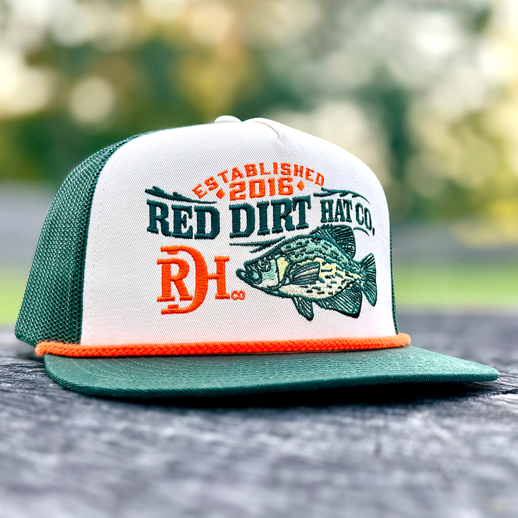 Red Dirt Hooked Cap in green and khaki with playful fish patch