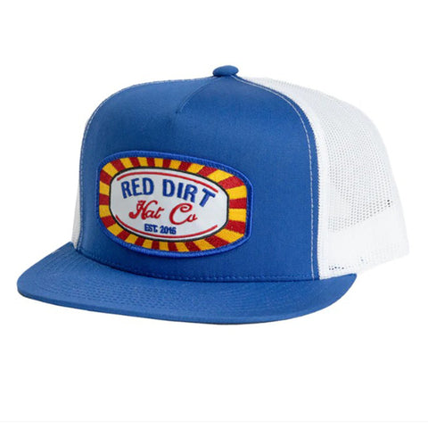 Front view of blue cap with a patch reading "Red Dirt Hat Co Est. 2016" in red and blue lettering with yellow accents. 