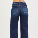 Back of the jeans, dark blue with faded color around the pockets and no stitching on the pockets.