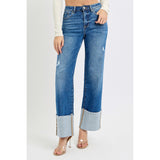 Dark Highrise Ankle Jeans with a Large Cuff