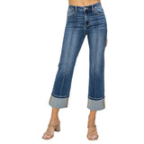 Front View of Model Wearing High Rise Leg Seam Wide Cuff Ankle Jeans