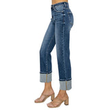 Side View of Model Wearing High Rise Leg Seam Wide Cuff Ankle Jeans