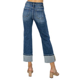 Back View of Model Wearing High Rise  Wide Cuff Ankle Jeans