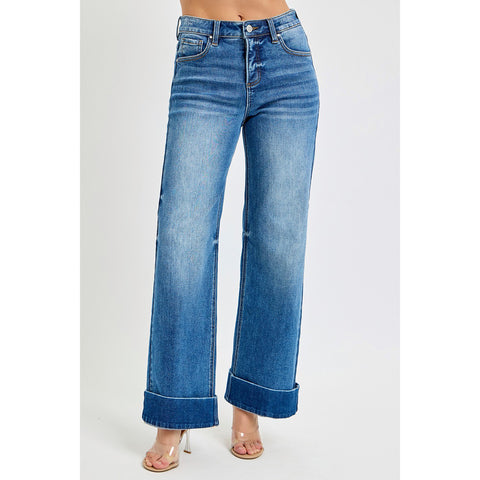 Dark Rinse Tummy Control High Rise Ankle Wide Cuffed Jeans