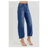 Risen Jeans - High-Rise Barrel Leg Jeans with Adjustable Cuff Side View With Cuff