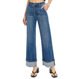 Front of Risen Dark Wash High Rise Ankle Wide Cuffed Jeans 