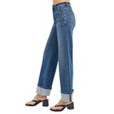 Side view of Risen Dark Wash High Rise Ankle Wide Cuffed Jeans 