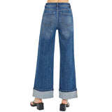 Back side view of Risen Dark Wash High Rise Ankle Wide Cuffed Jeans 