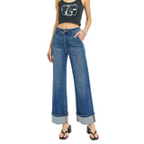Full front side view of Risen Dark Wash High Rise Ankle Wide Cuffed Jeans 