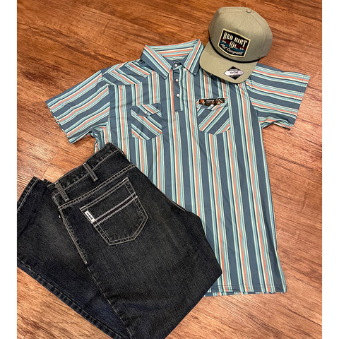 Blue, orange and green striped polo.