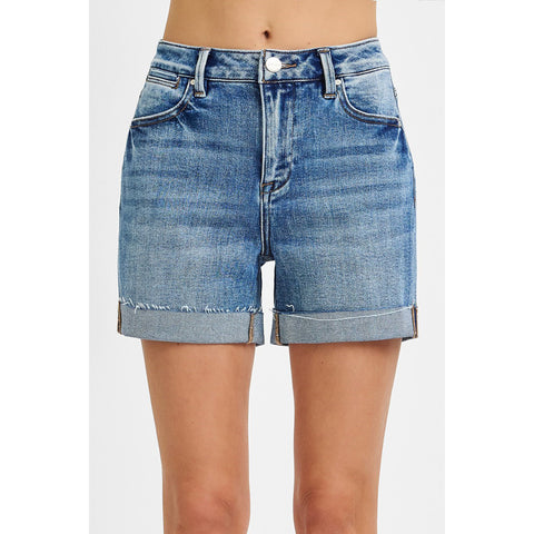 High Rise Cuffed Denim Shorts