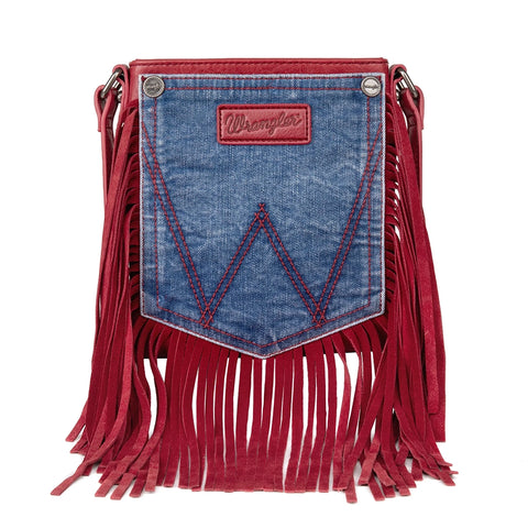 Montana West Wrangler Red Fringe Denim Pocket Crossbody