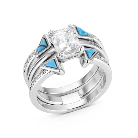 Montana Silversmiths Skyline Turquoise Stack Ring Set with layered silver‑tone bands and vibrant turquoise stones displayed on a white background.
