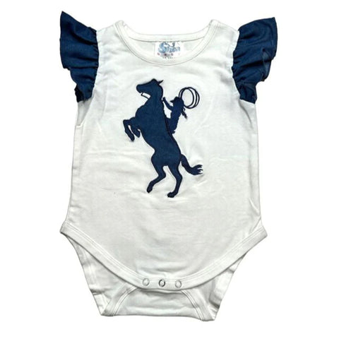 white onesie with dark blue ruffled sleeves and roping graphic in center