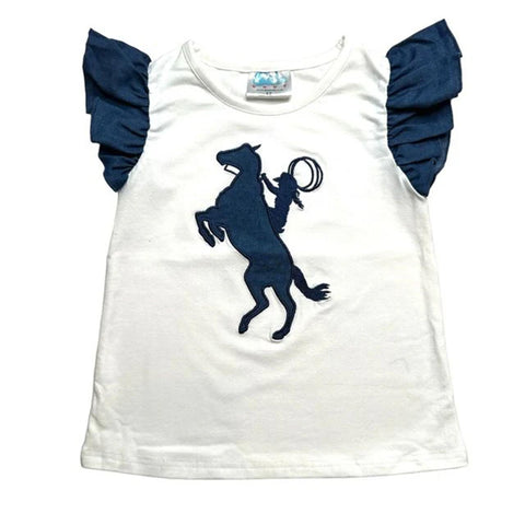 girl's white shirt with dark blue ruffled short sleeves and rearing horse graphic