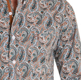 Close up view of the chest pocket which is open. Pattern has orange, green, white, and black colors. 