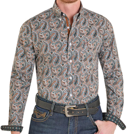 Multi colored paisley print long sleeve button down shirt for men with contrast cuffs. 