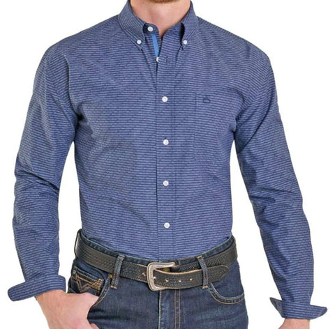 Men's navy blue long sleeve button down shirt with a geometric print. 