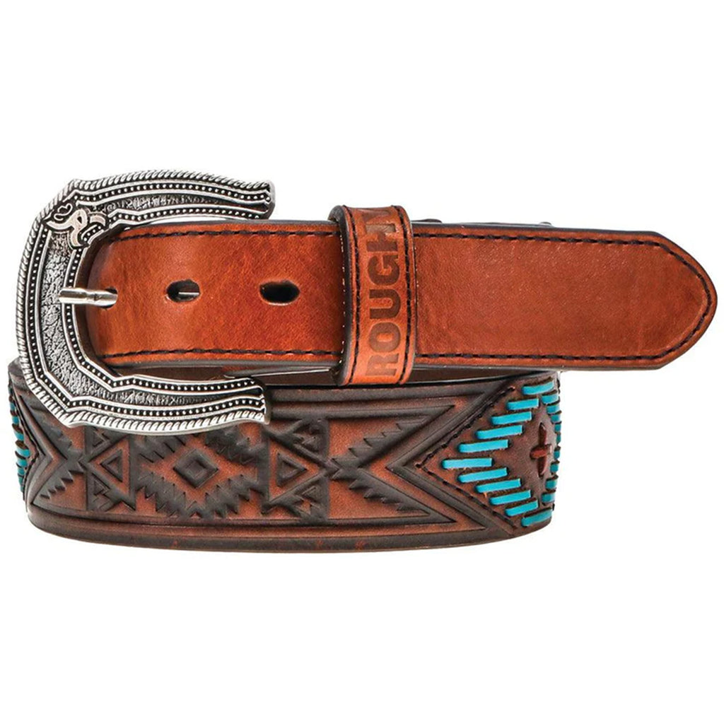 Tooled Dark Brown Leather Belt with Turquoise Stitching