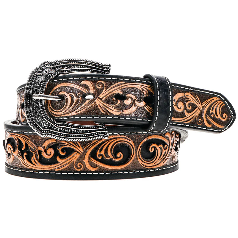 Hooey Men's "Cheatam" Brown/Black Hand Tooled Roughy Belt