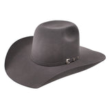 Dark grey felt cowboy hat with matching hat band and silver buckle. 