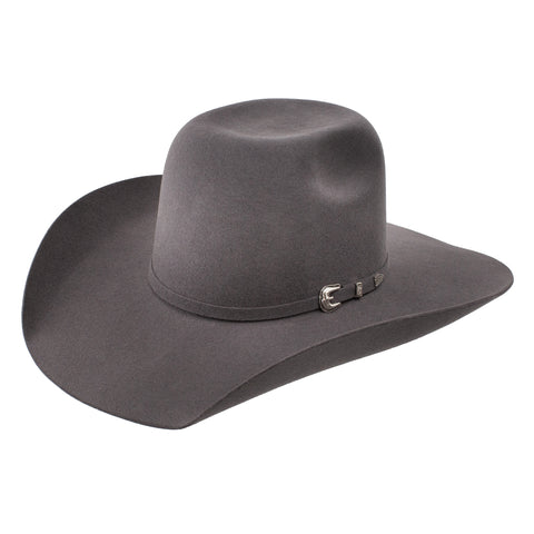 Dark grey felt cowboy hat with matching hat band and silver buckle. 